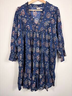 🧡 eShakti Boho Paisley Babydoll Dress | Large 12 | Navy Multi